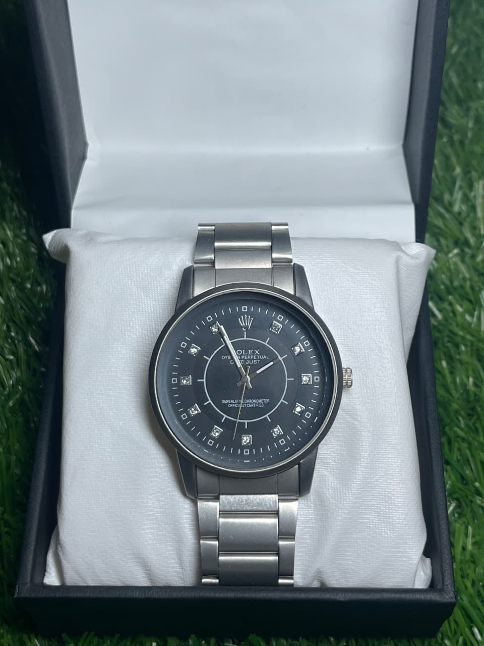 Rolex Style with Dazzling Black Dial and Diamond Accents
