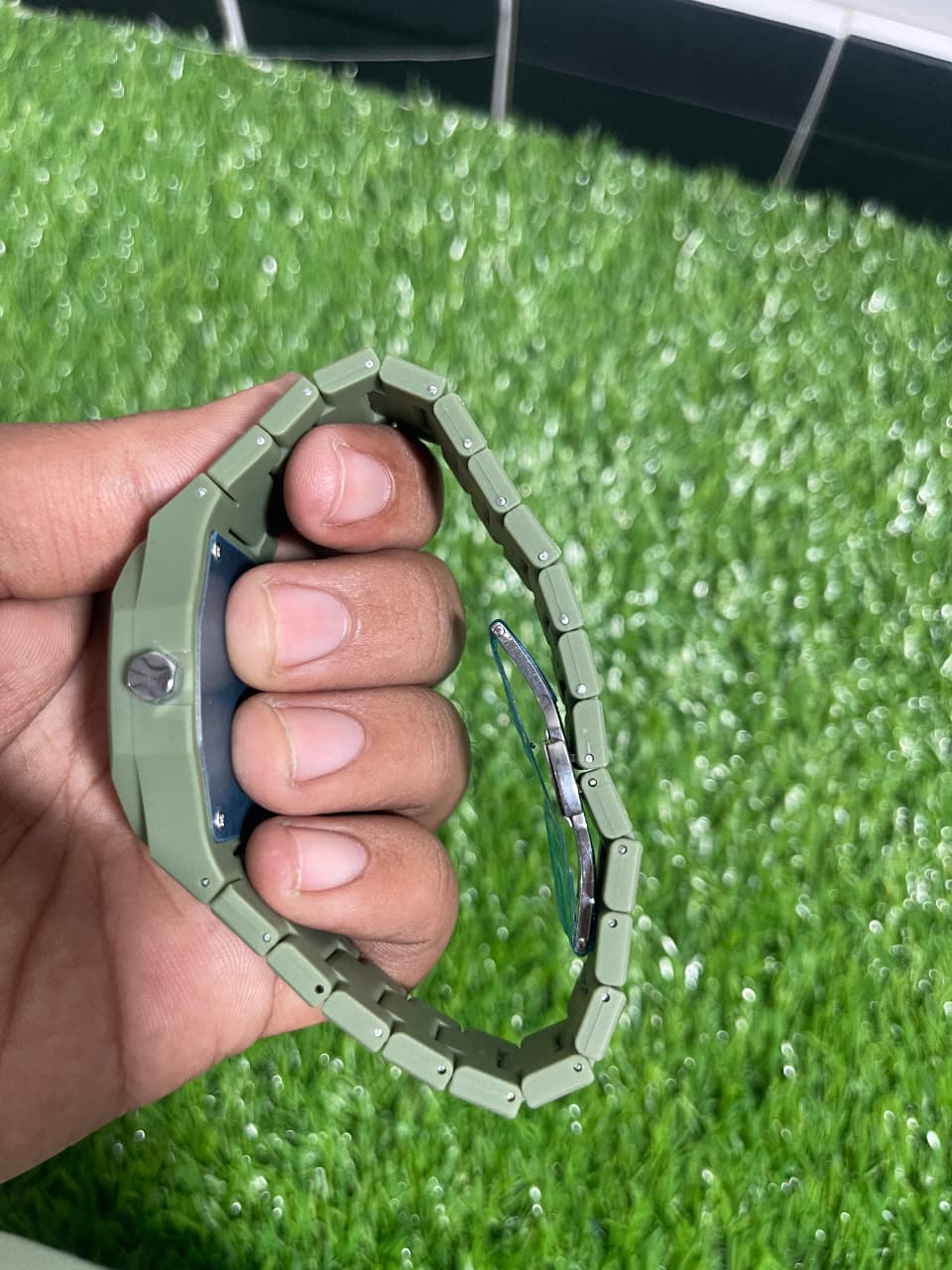Olive Green fiber Aura with Master Butterfly lock Stealth Green Arabic Dial