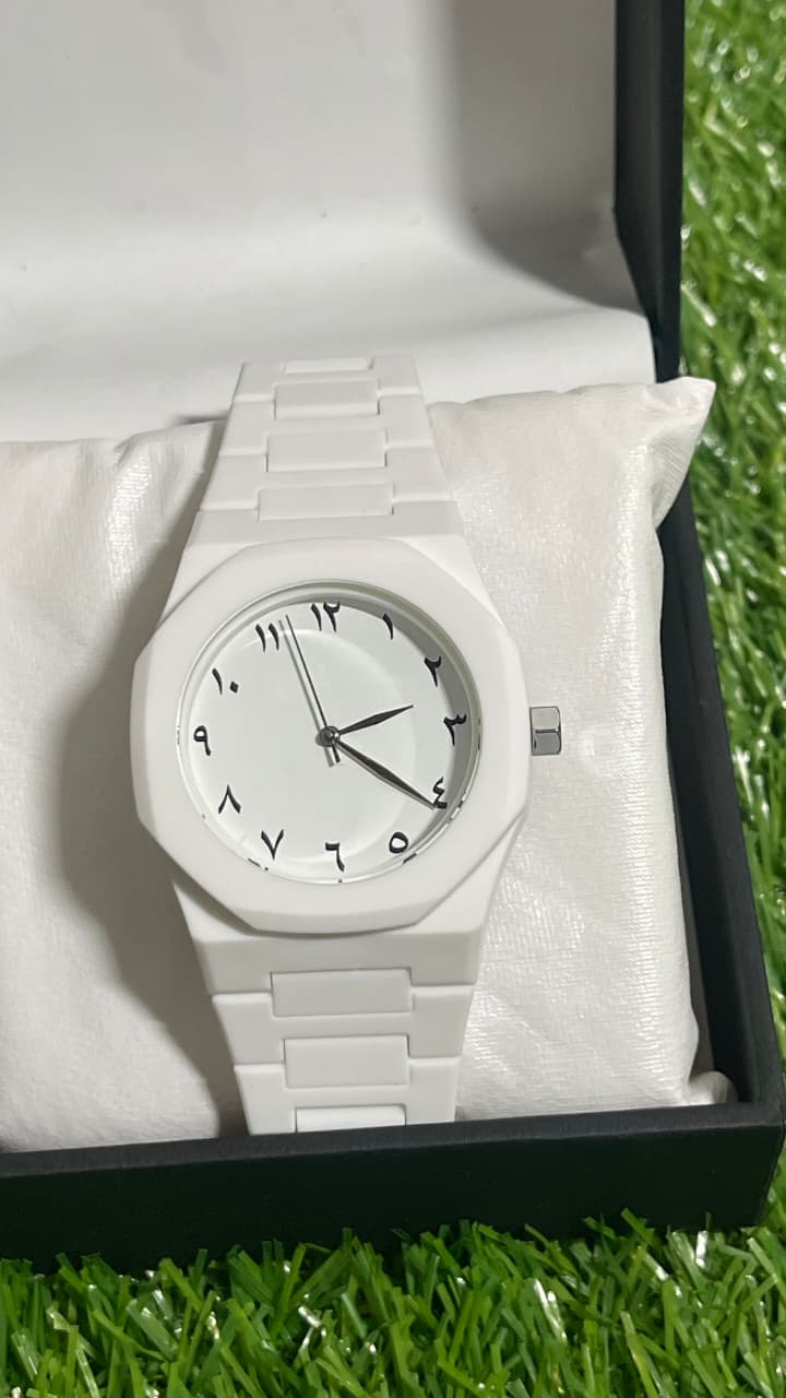 White Aura  fiber Aura with Master Butterfly lock Stealth Black Arabic Dial