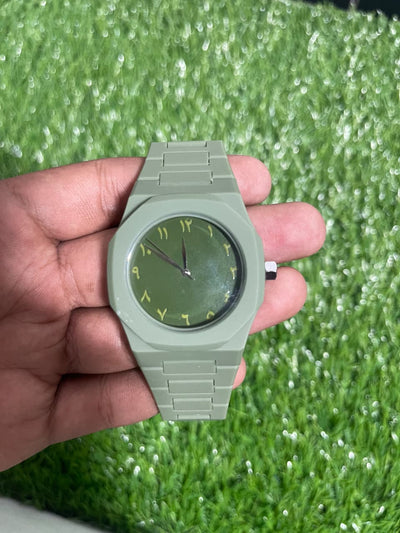 Olive Green fiber Aura with Master Butterfly lock Stealth Green Arabic Dial