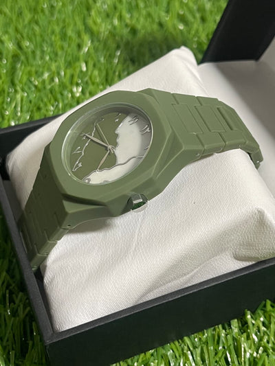 Mate Green  fiber Aura with Master Butterfly lock Green & Crystal White Arabic Dial