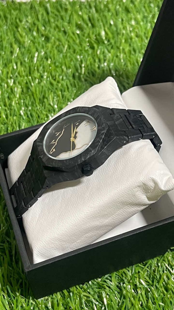 Marbled Black Aura with Abstract Black & Crystal White Arabic Dial - Butterfly Lock