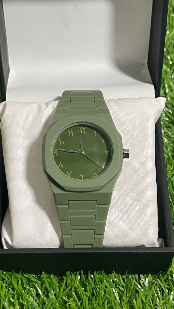 Olive Green fiber Aura with Master Butterfly lock Stealth Green Arabic Dial