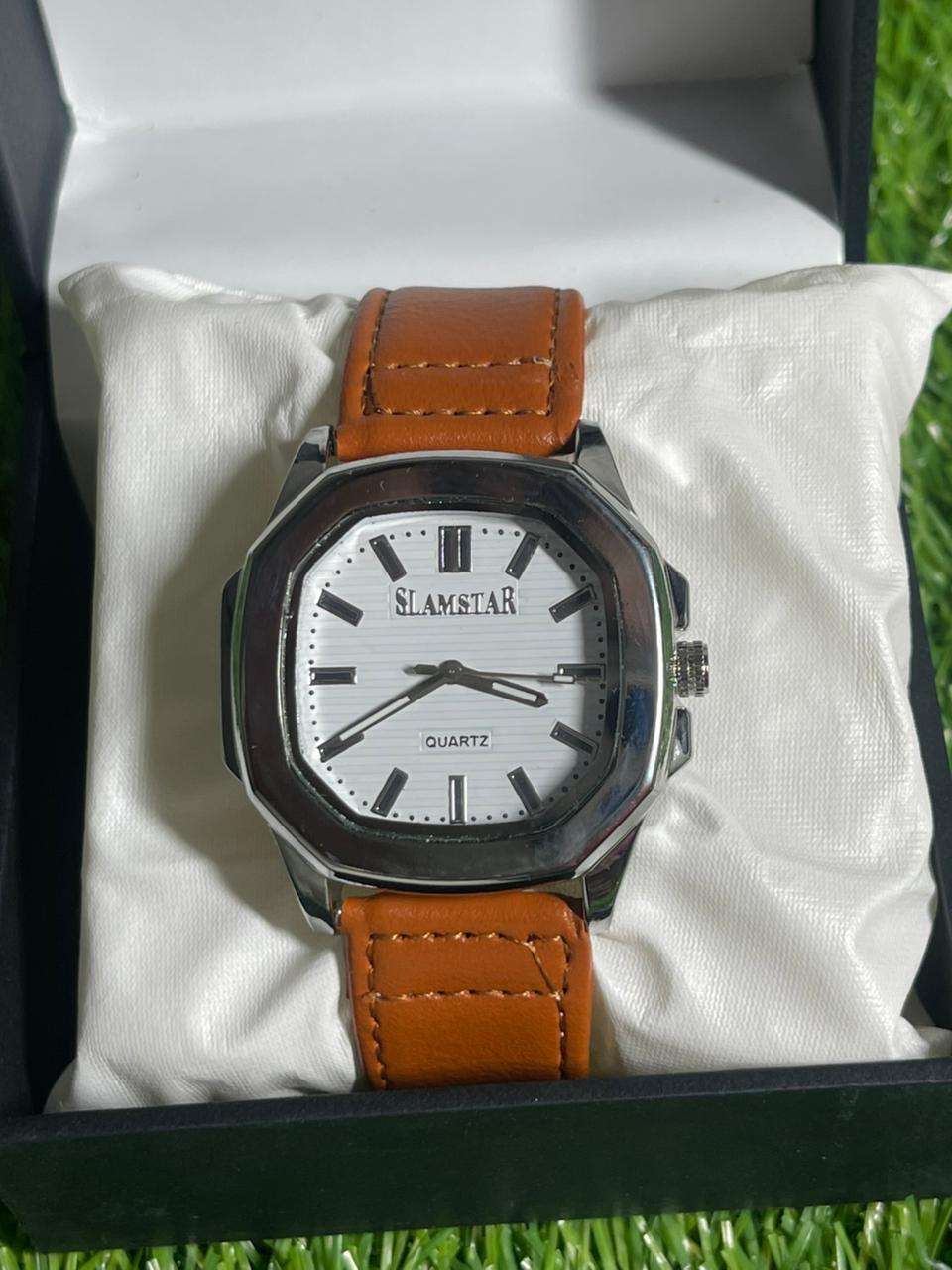 SlimStar Elegance – White Dial Brown Leather Strap Watch