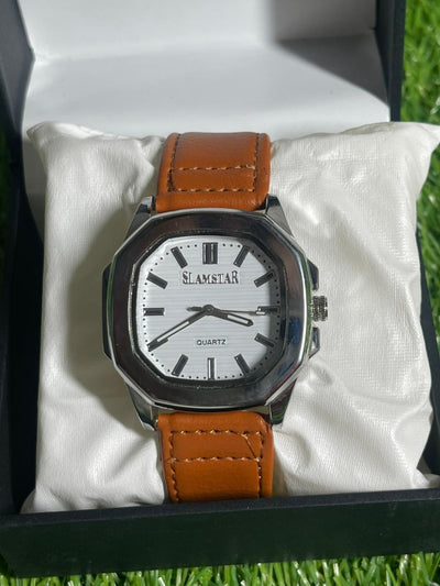 SlimStar Elegance – White Dial Brown Leather Strap Watch