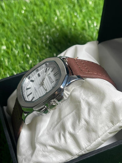 SlimStar Elegance – White Dial with Dark Brown Leather Strap
