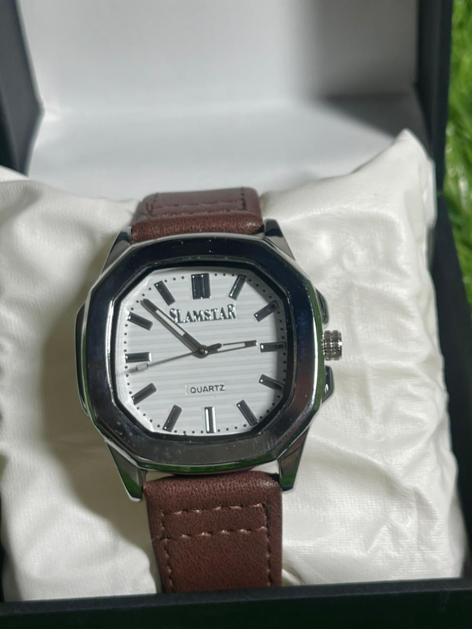 SlimStar Elegance – White Dial with Dark Brown Leather Strap